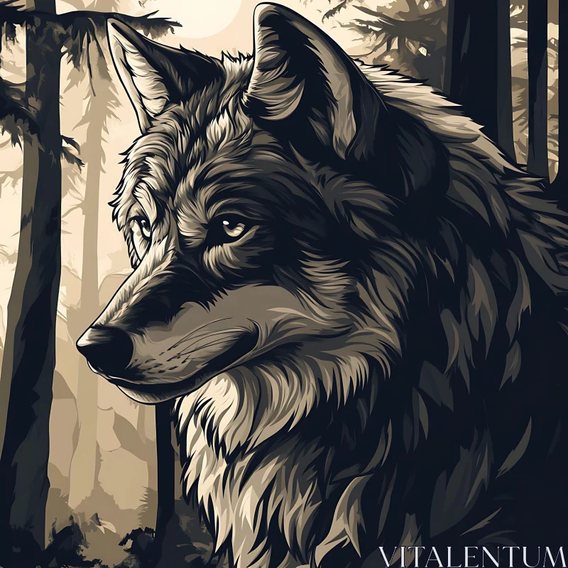 Monochrome Wolf in Forest Illustration AI Image