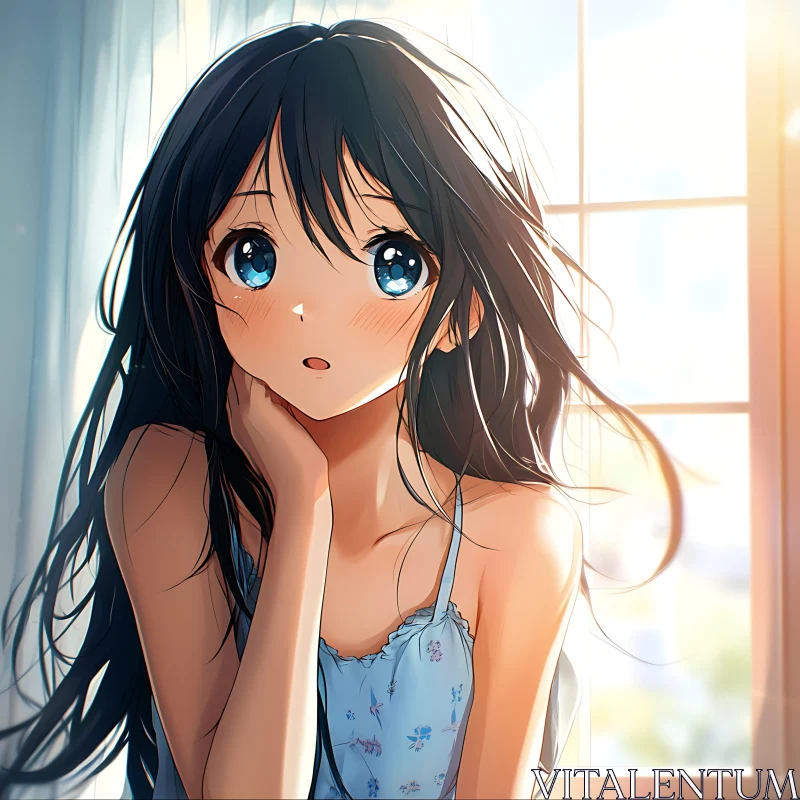 Anime Girl in Blue Dress by Window AI Image