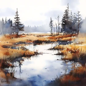 Peaceful Watercolor Marsh Scenery Painting
