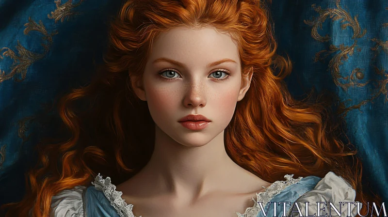 Redhead Woman in Historical Blue Dress AI Image