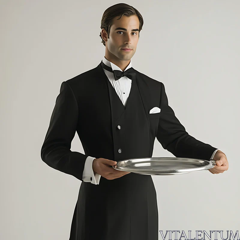 AI ART Formal Attire Waiter with Silver Tray