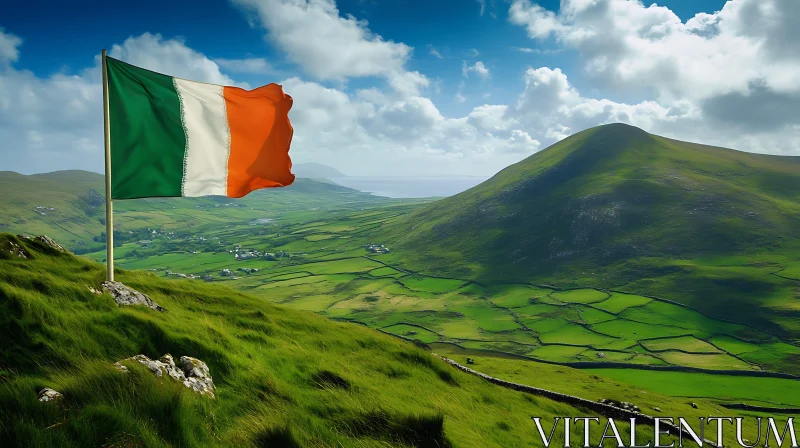 Irish Flag Over Rolling Hills AI Image