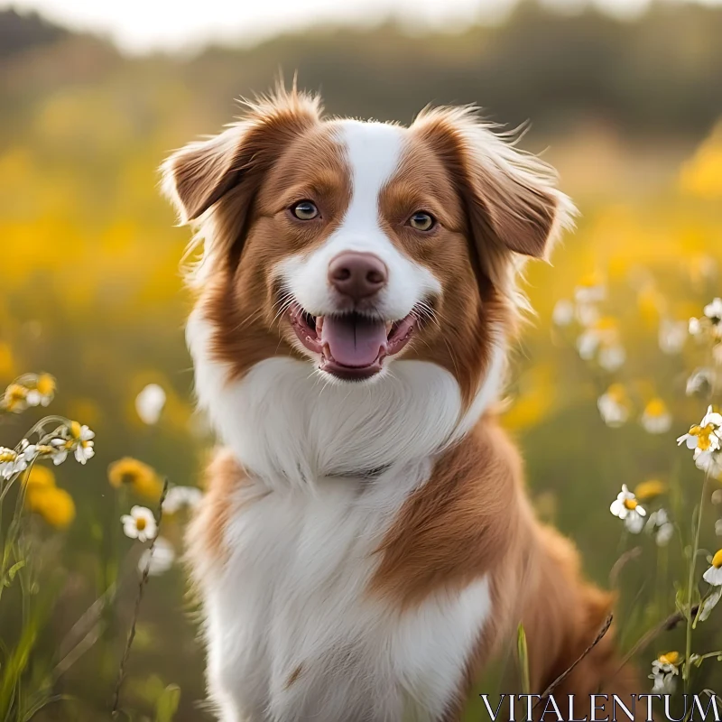 Joyful Dog Sitting in Blooming Field AI Image