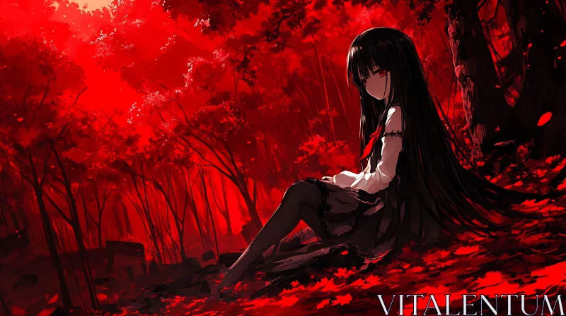 Mysterious Anime Girl in Red Forest AI Image