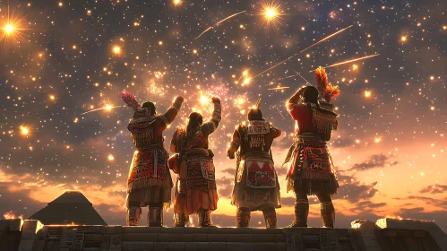 Figures Watching Celestial Fireworks