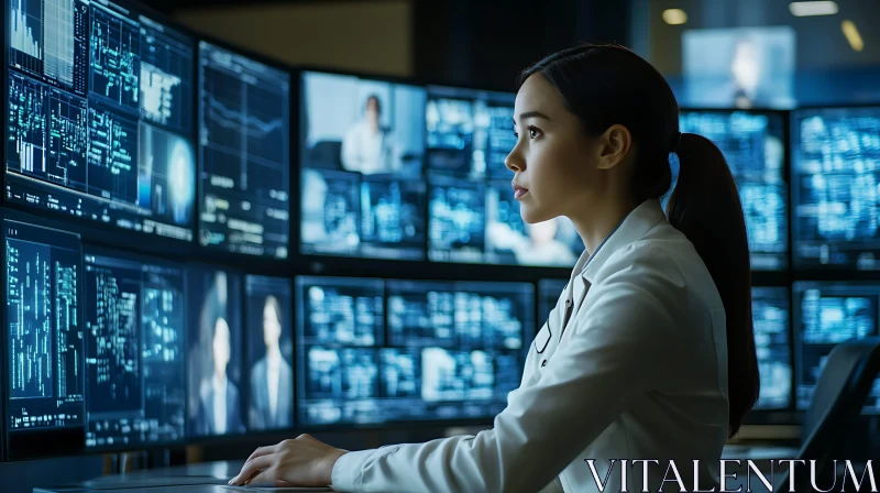 Woman Analyzing Data on Multiple Monitors AI Image