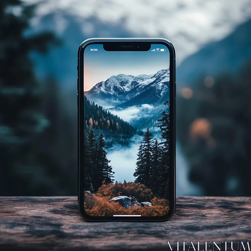 Serene Mountain Landscape on Mobile Device AI Image