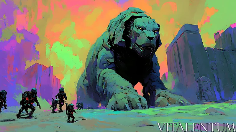 AI ART Futuristic Lion Robot with Explorers