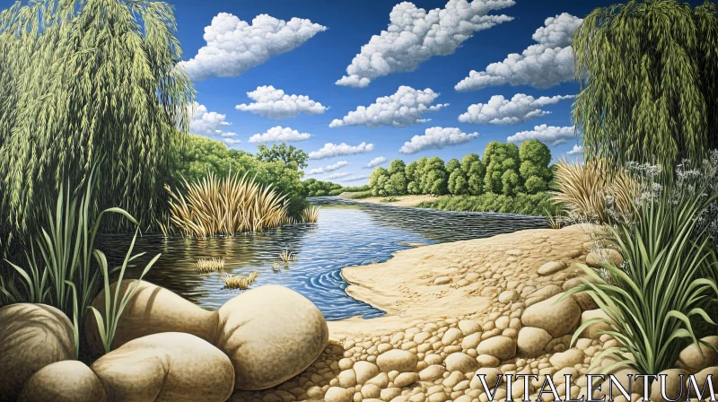 AI ART Calm River Scene with Vegetation and Pebbled Shore