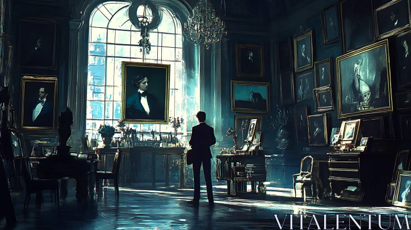 Man in Art Gallery Surrounded by Portraits AI Image