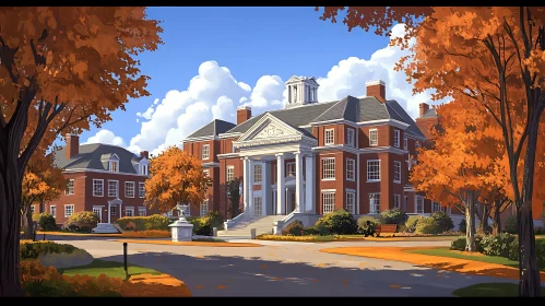 Brick Building in Autumn Landscape