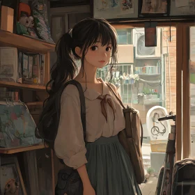 Young Anime Girl in a Warmly Lit Library