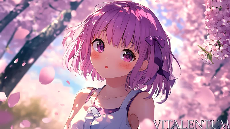 Pink-Haired Anime Girl with Sakura Blossoms Background AI Image