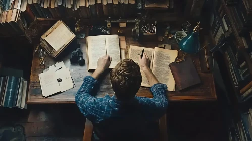 Man Studying in Old Library