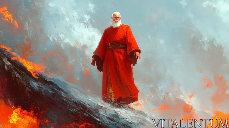 Man in Red Robe on Burning Mountain AI Image