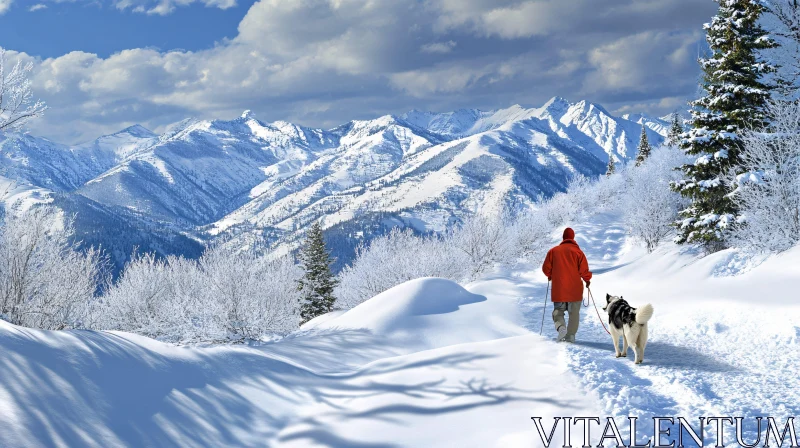 Man and Dog Winter Mountain Trek AI Image