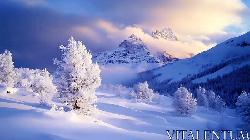 AI ART Winter Mountain Landscape with Snow-Covered Trees