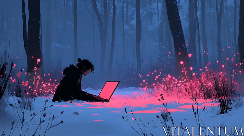 AI ART Woman Working in a Snowy Forest