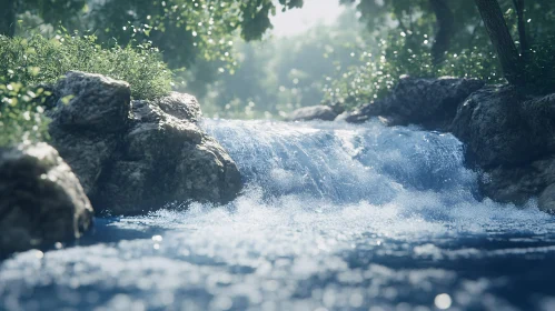 Tranquil Waterfall Cascading Over Rocks in Nature