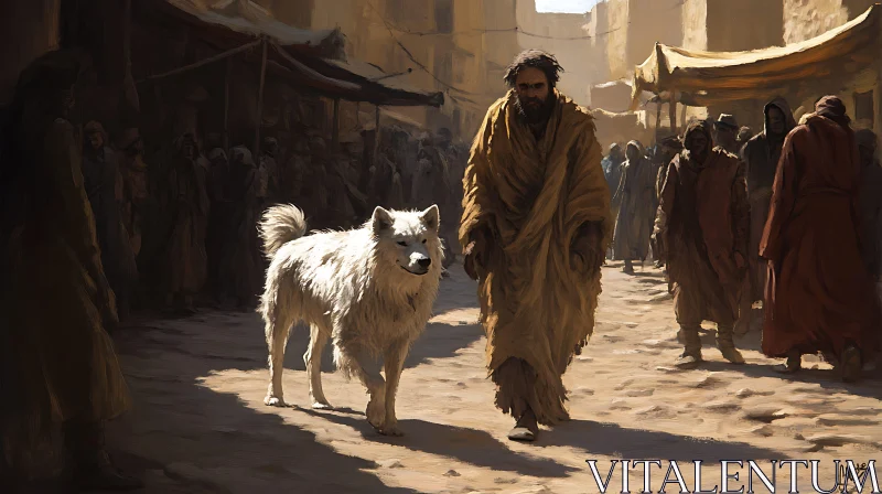 Cloaked Man Walking with Dog in Medieval Market AI Image