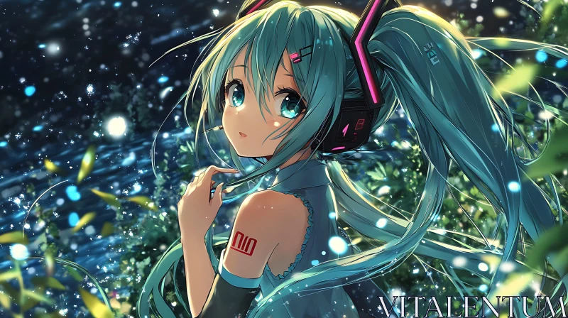 Turquoise-Haired Anime Girl with Headphones Amongst Glowing Foliage AI Image