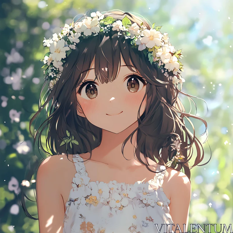 Flower-Adorned Anime Girl in Nature AI Image