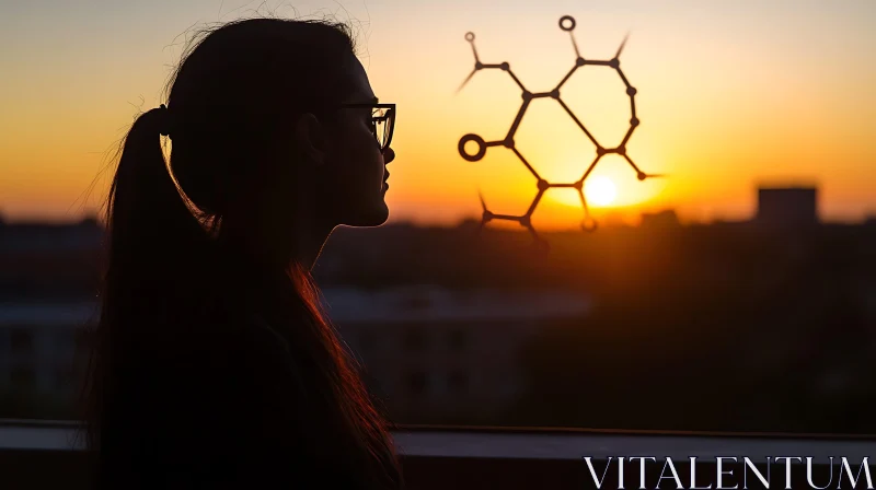 AI ART Woman's Silhouette at Sunset with Science Concept