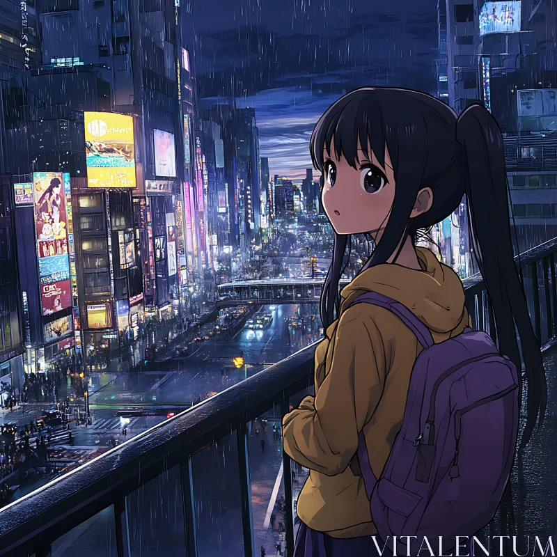 Pensive Anime Girl in Rainy Urban Night AI Image