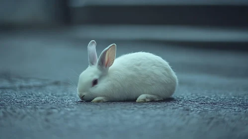 Resting White Rabbit on Gray Surface