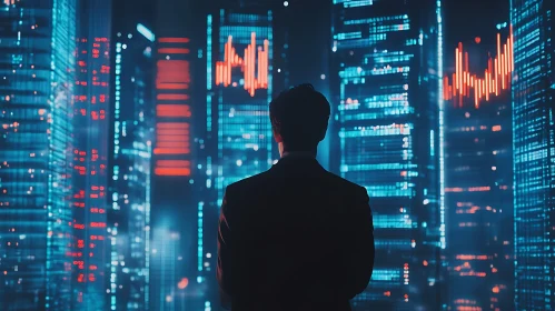 Man in Suit Overlooking City Financial Data