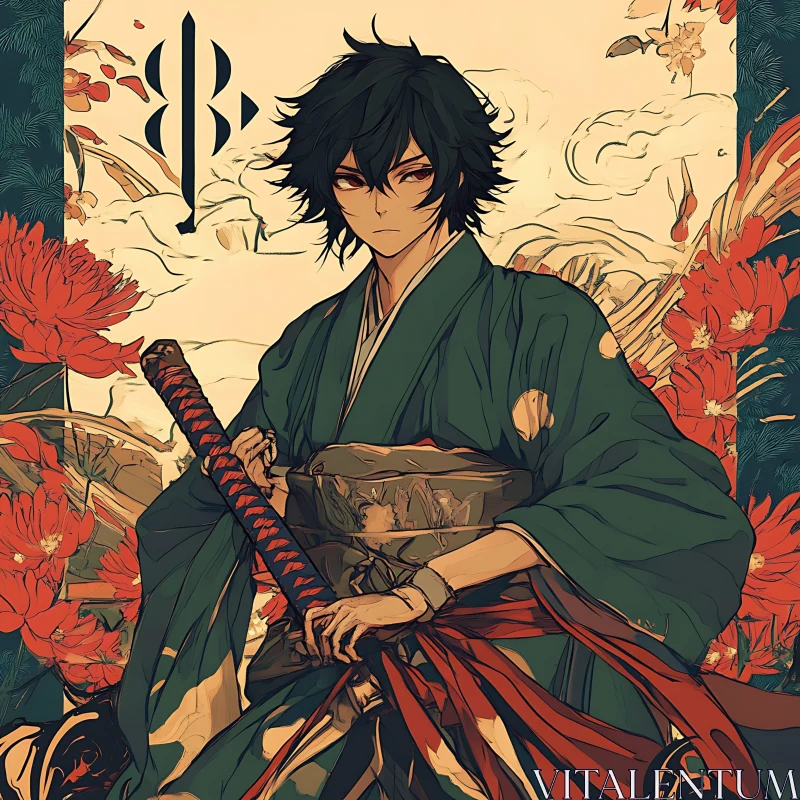 Anime Samurai with Katana Amidst Red Flowers AI Image