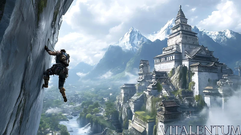 Climber Ascending Near Mountain Temple AI Image