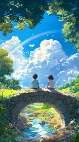 Peaceful Nature Scene with Rainbow and Children