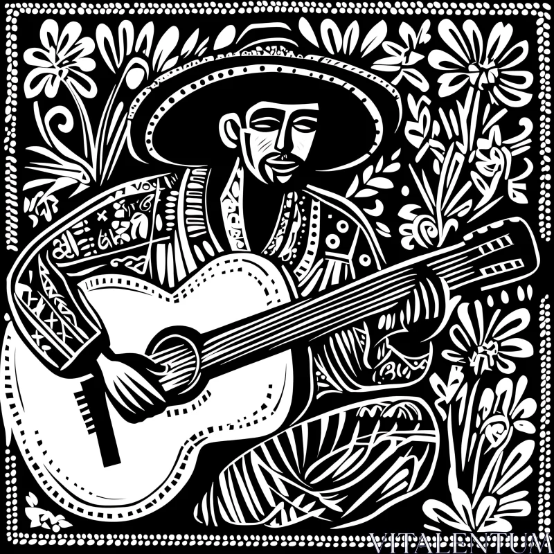 AI ART Monochrome Musician with Guitar and Flowers