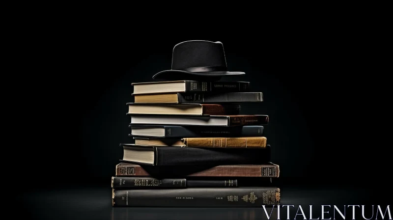 Captivating Artwork: Stack of Books with Top Hat on a Dark Background AI Image