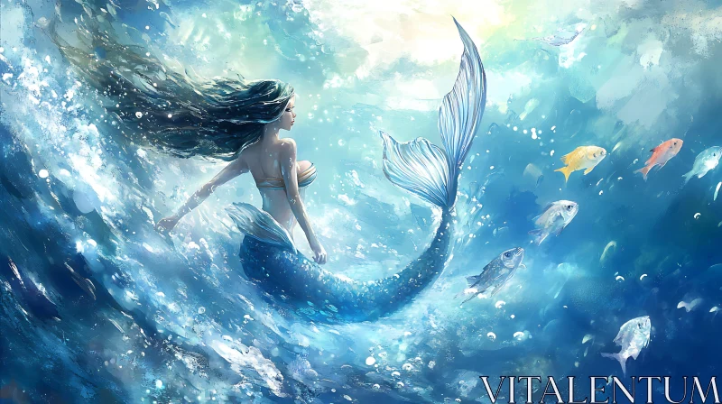 AI ART Mystical Mermaid Swimming in Ocean Art