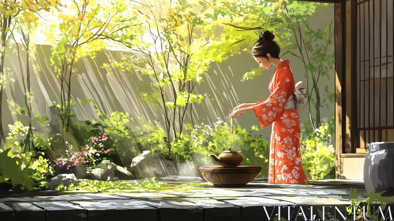 Traditional Japanese Tea Ceremony in Garden AI Image