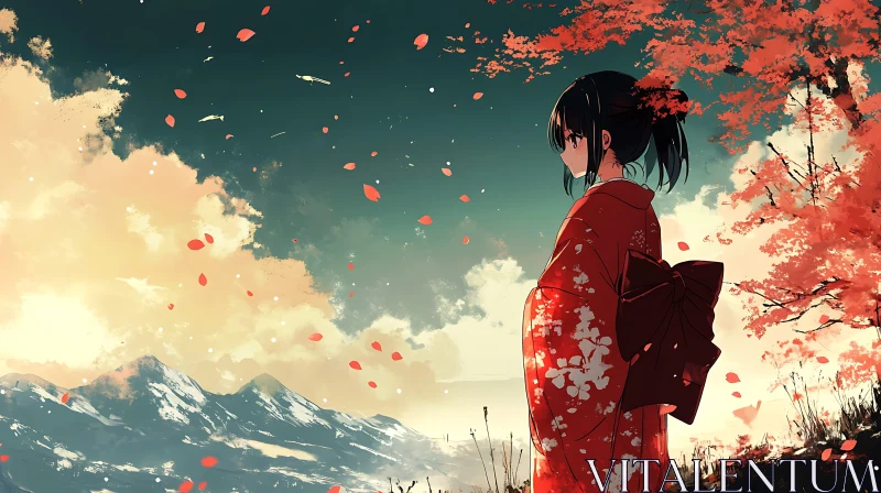 AI ART Tranquil Anime Landscape featuring Kimono-Clad Woman