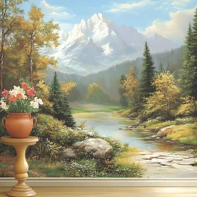 Tranquil Mountain Scene with River and Flowers