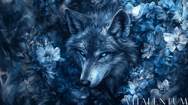 Blue Wolf Surrounded by Flowers AI Image