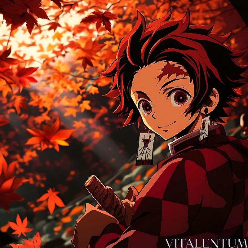 Red-haired Anime Character among Fall Leaves AI Image