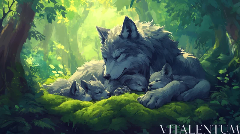 Serene Wolf Family Resting Art AI Image