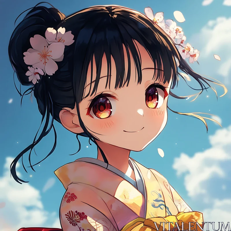 Anime Portrait of Girl with Blossoms in Hair AI Image