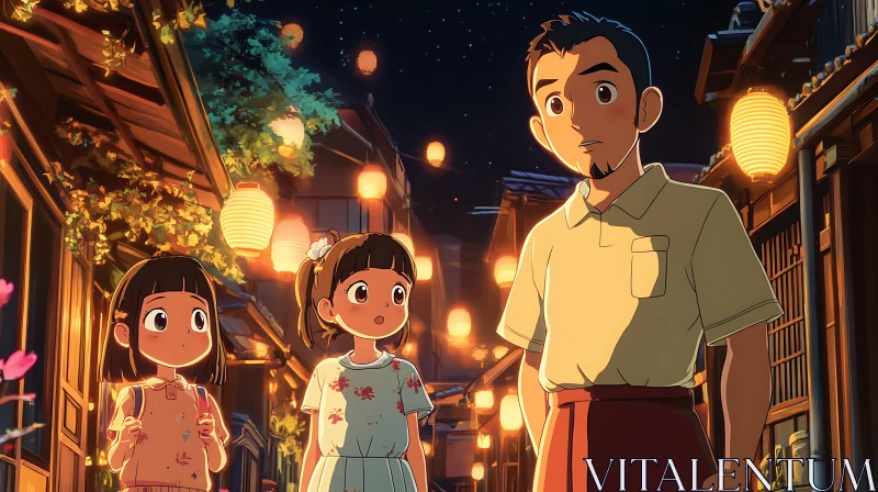 Anime Family Stroll Under Lantern-lit Skies AI Image