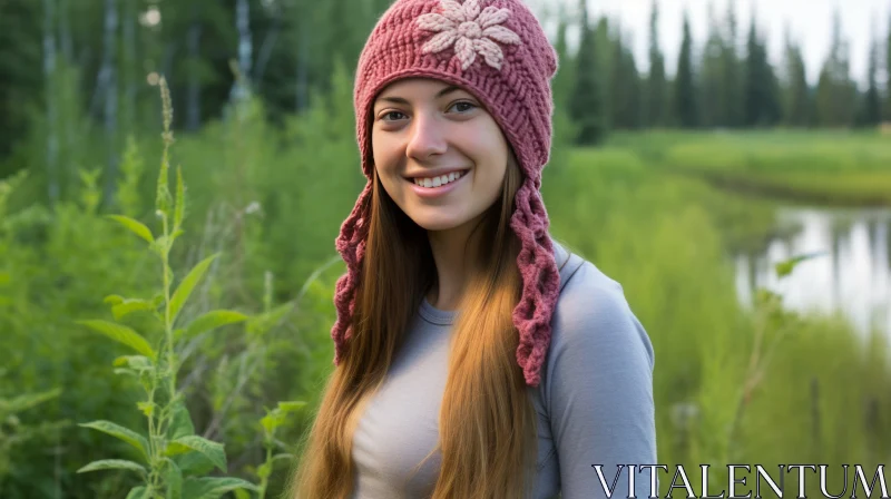Nature-inspired Pink Crochet Beanie with Flower - Whistlerian Charm AI Image