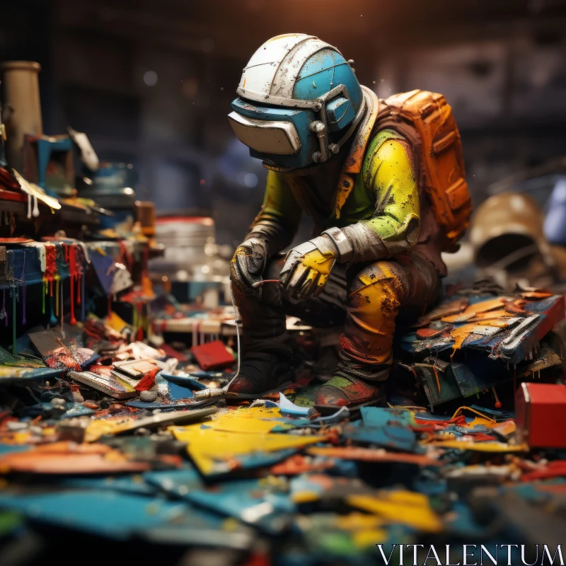 Post-Apocalyptic Soldier Amidst Debris - A Colorful Futuristic Art AI Image