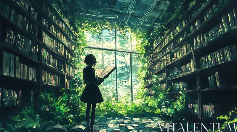 Literary Sanctuary: Girl Reading Amidst Verdant Library