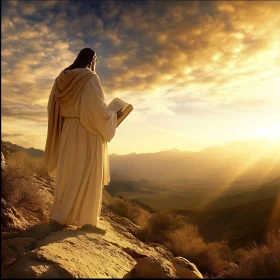 Golden Sunrise and Figure with Book