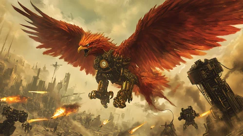 Mechanical Phoenix in a Cityscape