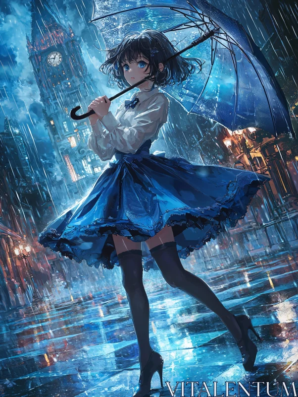 Rainy Night Anime Girl with Umbrella